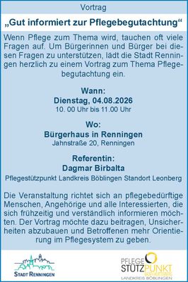 Teaserbild für „Gut informiert zur Pflegebegutachtung“ Vortrag am 4. August