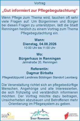 Teaserbild für „Gut informiert zur Pflegebegutachtung“ Vortrag am 4. August