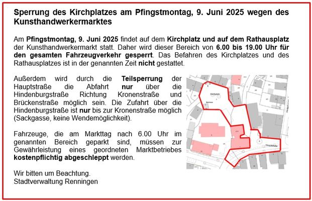 Teaserbild für Sperrung des Kirchplatzes am Pfingstmontag, 9. Juni 2025, wegen des Kunsthandwerkermarktes
