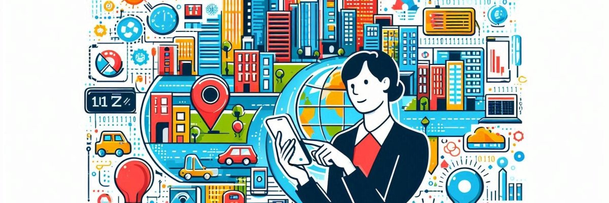Digitalisierung In dieser Grafik steht eine Frau im Mittelpunkt, die freundlich aussieht und ihr Smartphone bedient. Hinter ihr ist eine Weltkugel angedeutet. Um sie herum ist ein Wimmelbild voller Häuser, die an eine Stadt erinnern und Symbolen der Digitalisierung.