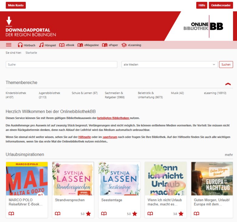 Screenshot der Website der Onlinebibliothek Böblingen